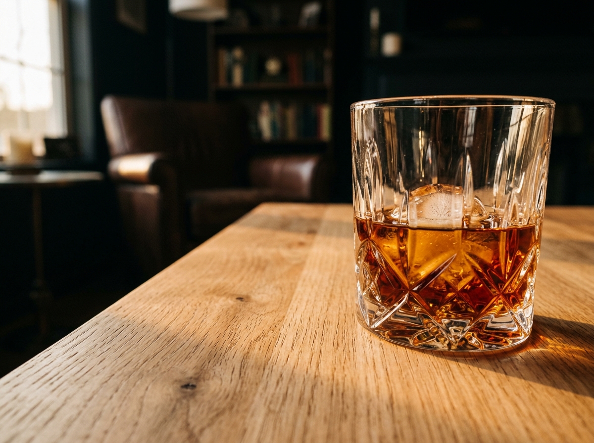 Hand-sanded wood grain next to bourbon