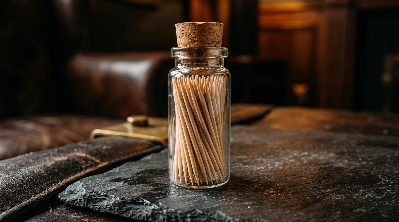 Macro shot of premium wooden toothpicks in an elegant glass vial under warm amber light